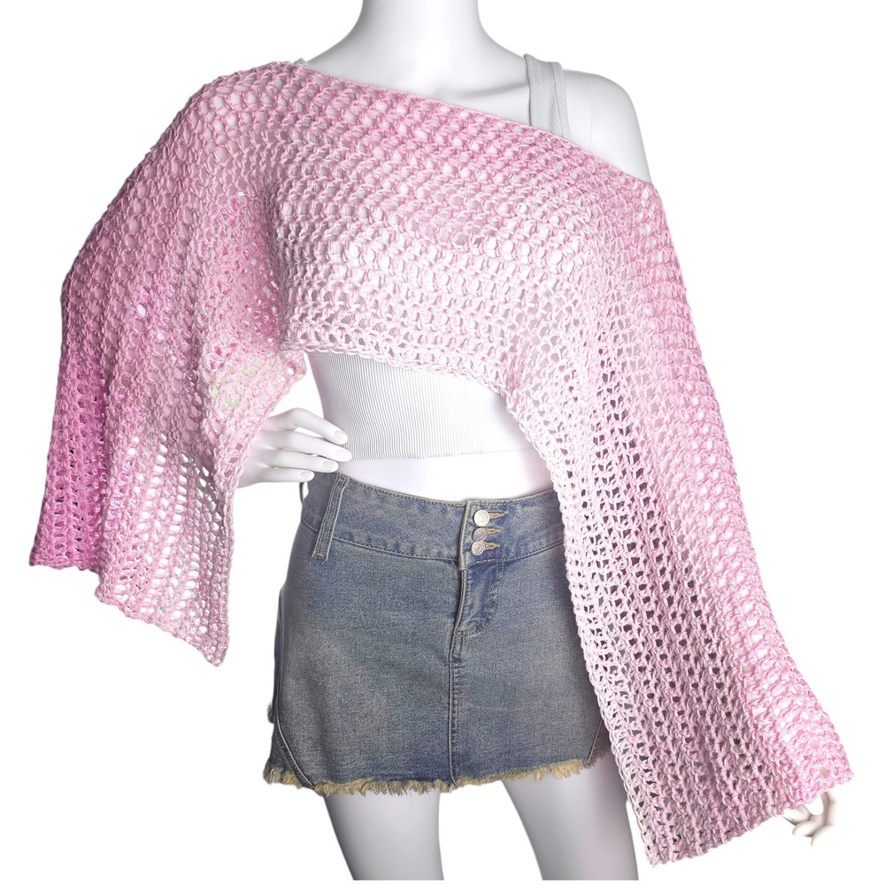 Handmade Crochet Shrug Womens Pink Ombre Open Knit Festival Wrap Shawl